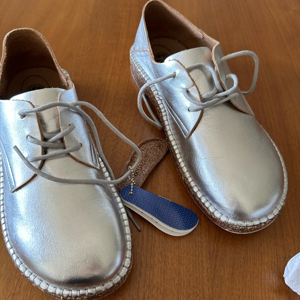 Birkenstock Gary Metalic Silver Lace-Up loafers new no box size 9.5 - Picture 8 of 12
